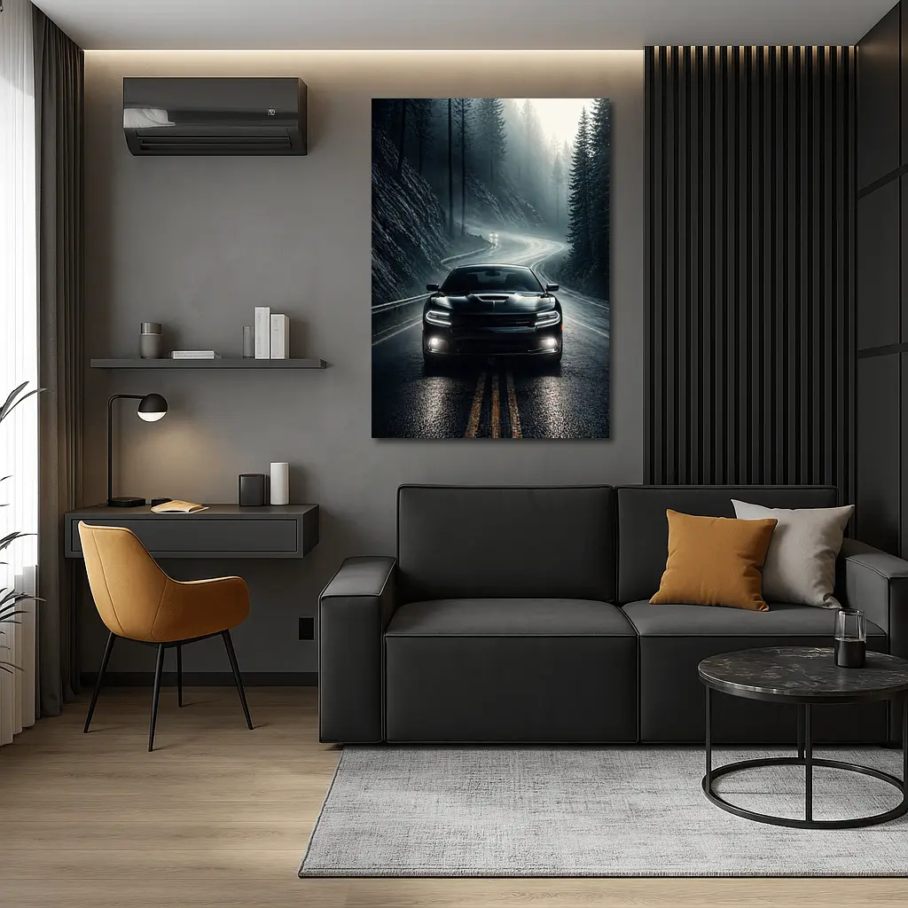 Dodge Charger on Dark Foggy Forest Road – Wall Art