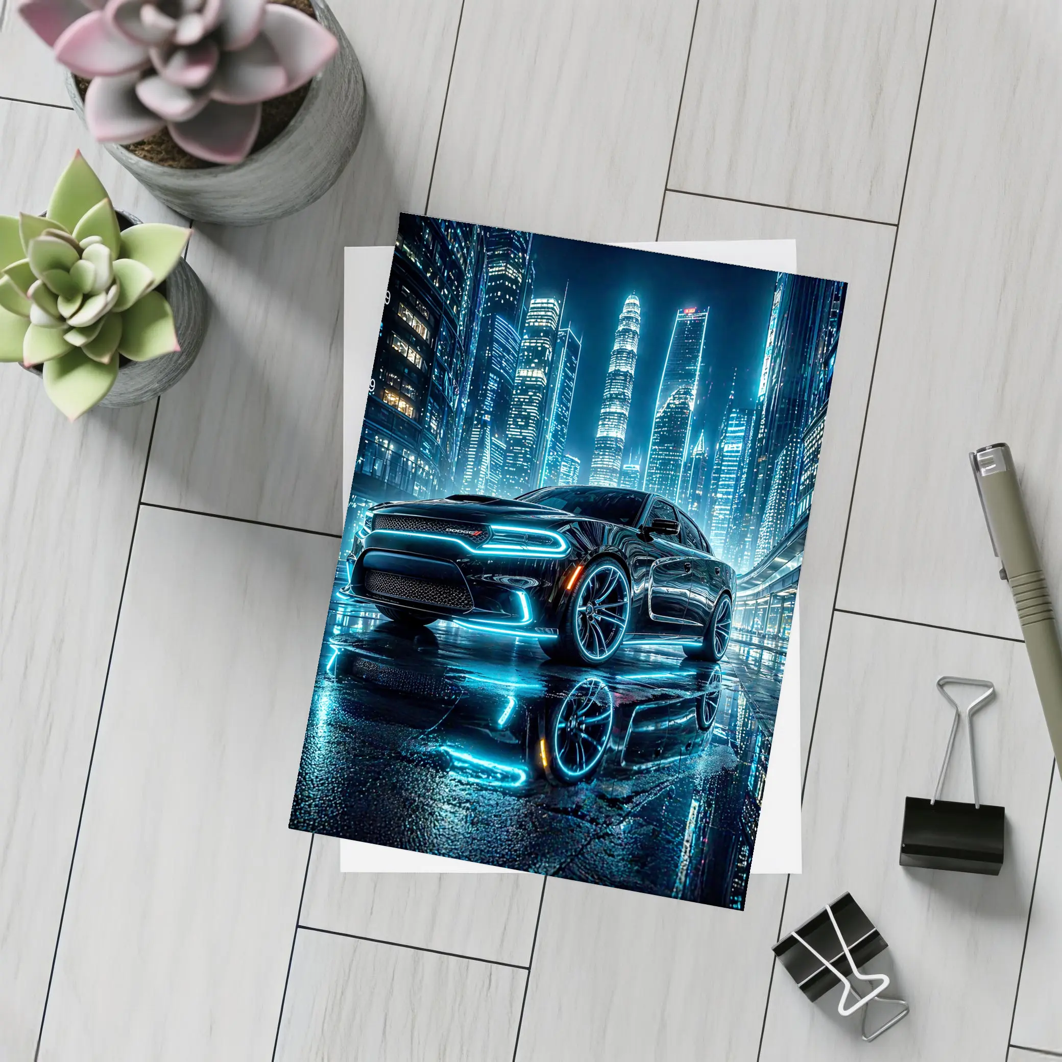 Dodge Charger Neon Lights City Night – Postcards