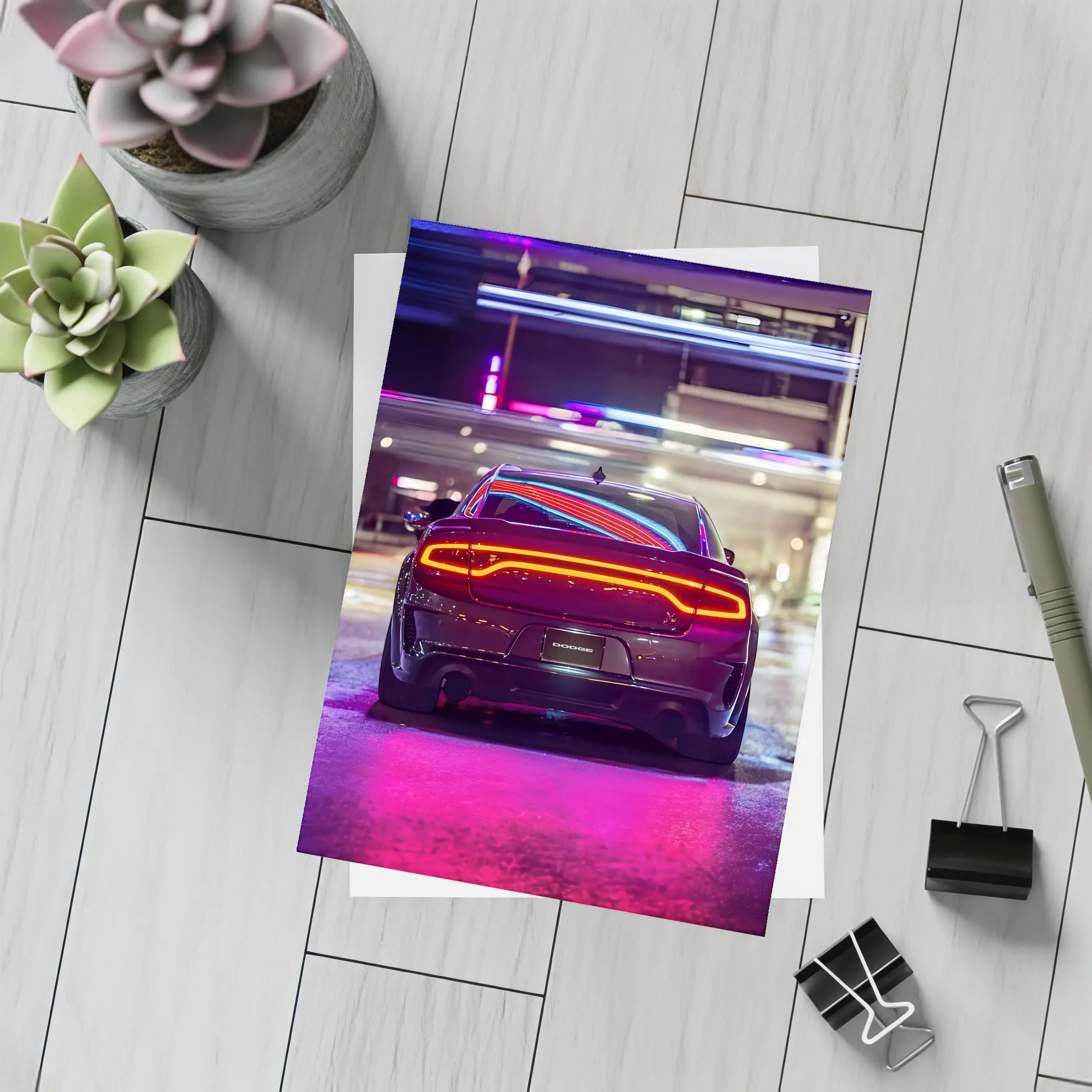 Dodge Charger Rear Neon City Night – Postcards