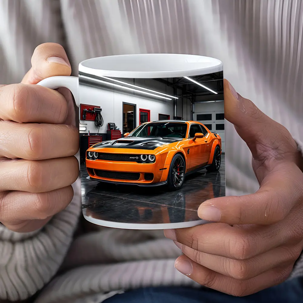 Dodge Challenger SRT Orange Garage Shot – Mugs