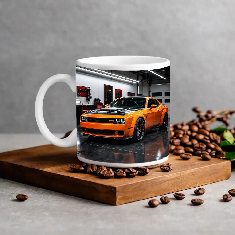 Dodge Challenger SRT Orange Garage Shot – Mugs