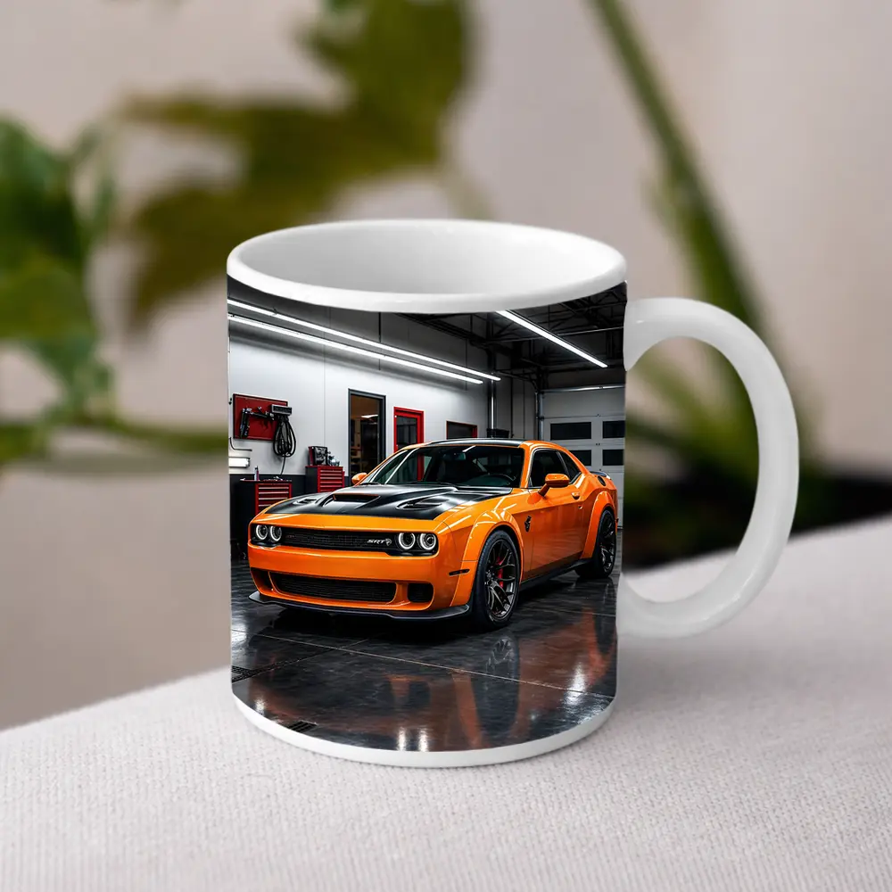 Dodge Challenger SRT Orange Garage Shot – Mugs