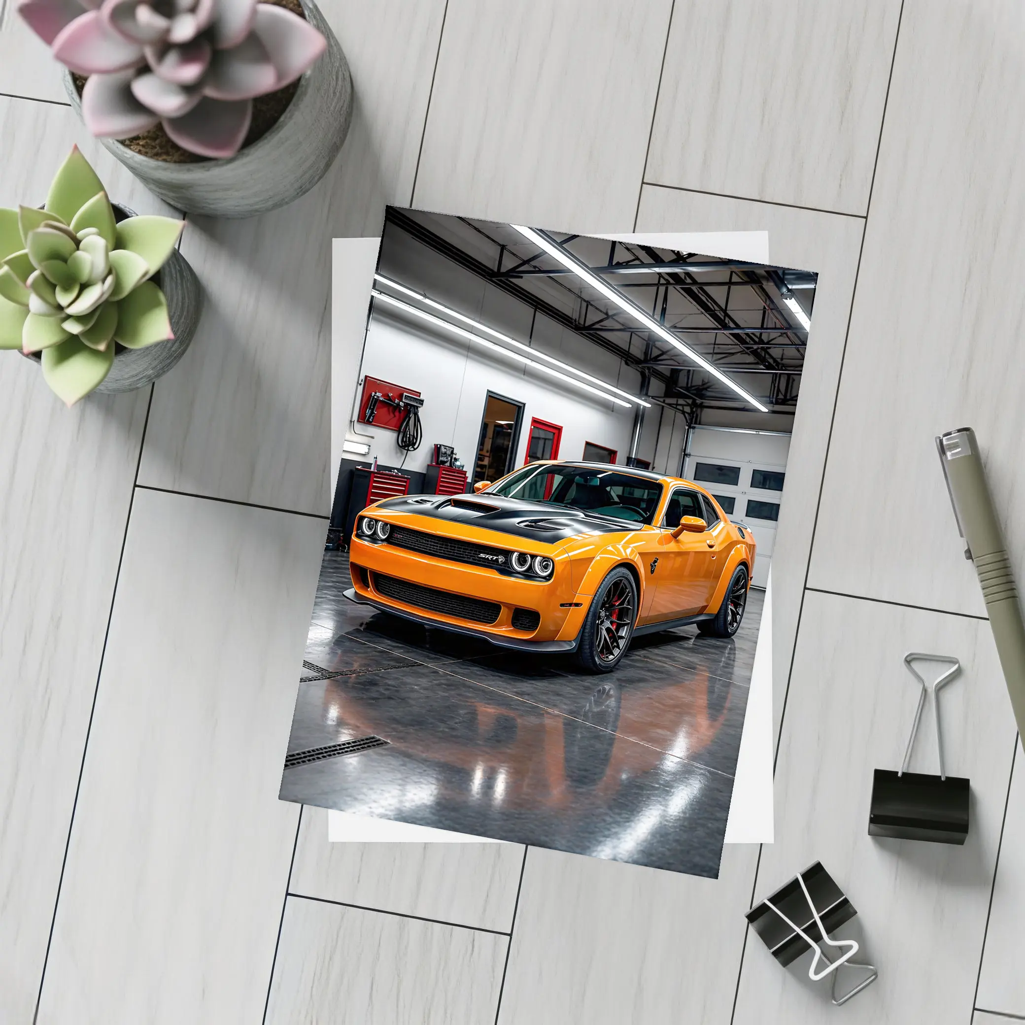 Dodge Challenger SRT Orange Garage Shot – Postcards