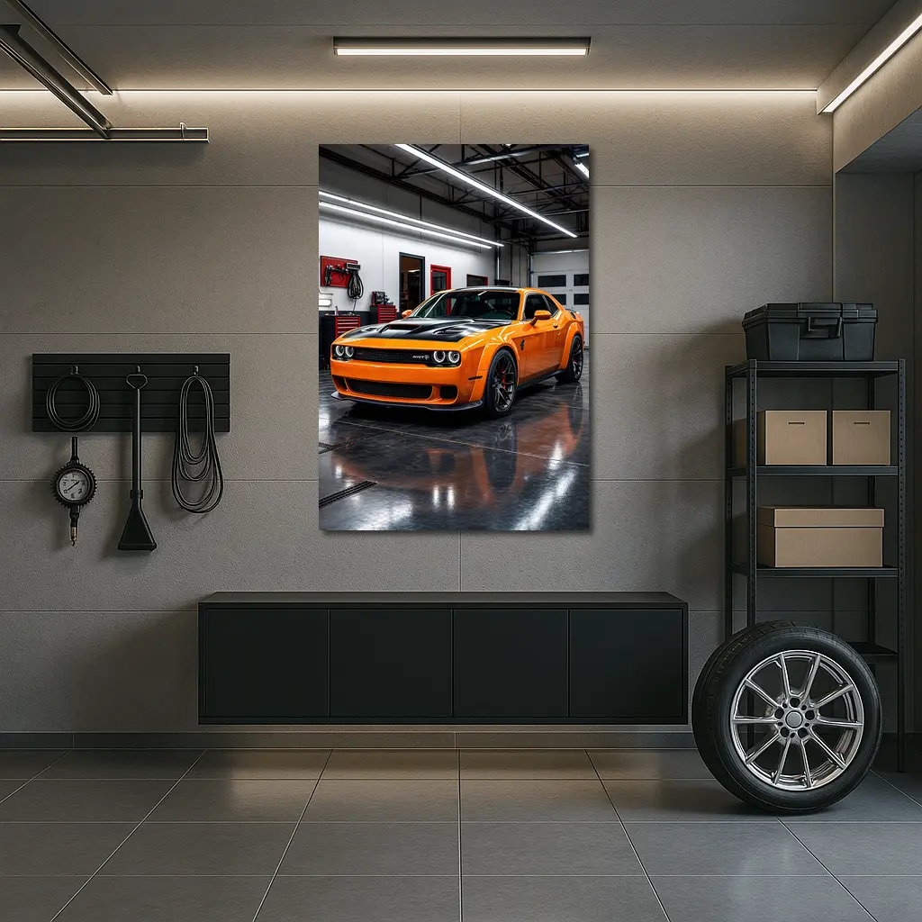 Dodge Challenger SRT Orange Garage Shot – Wall Art