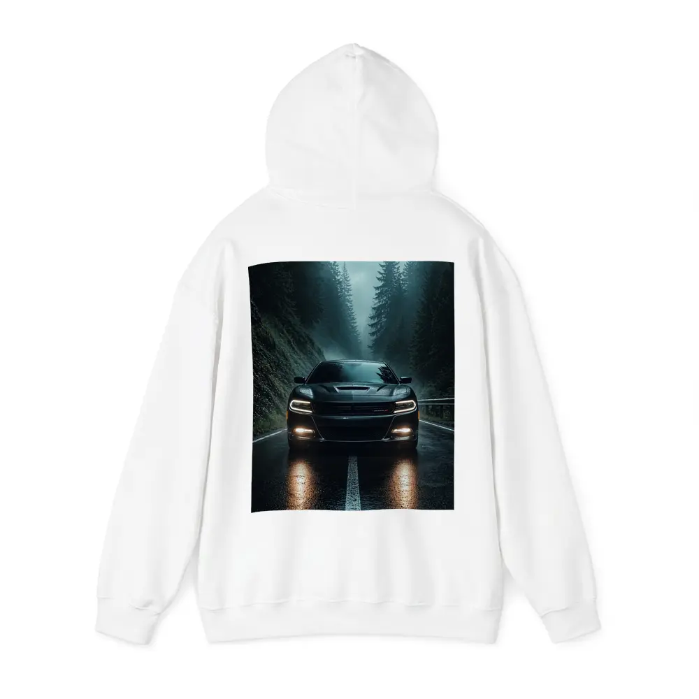 Dodge Charger Black On Rainy Forest Road – Hoodies