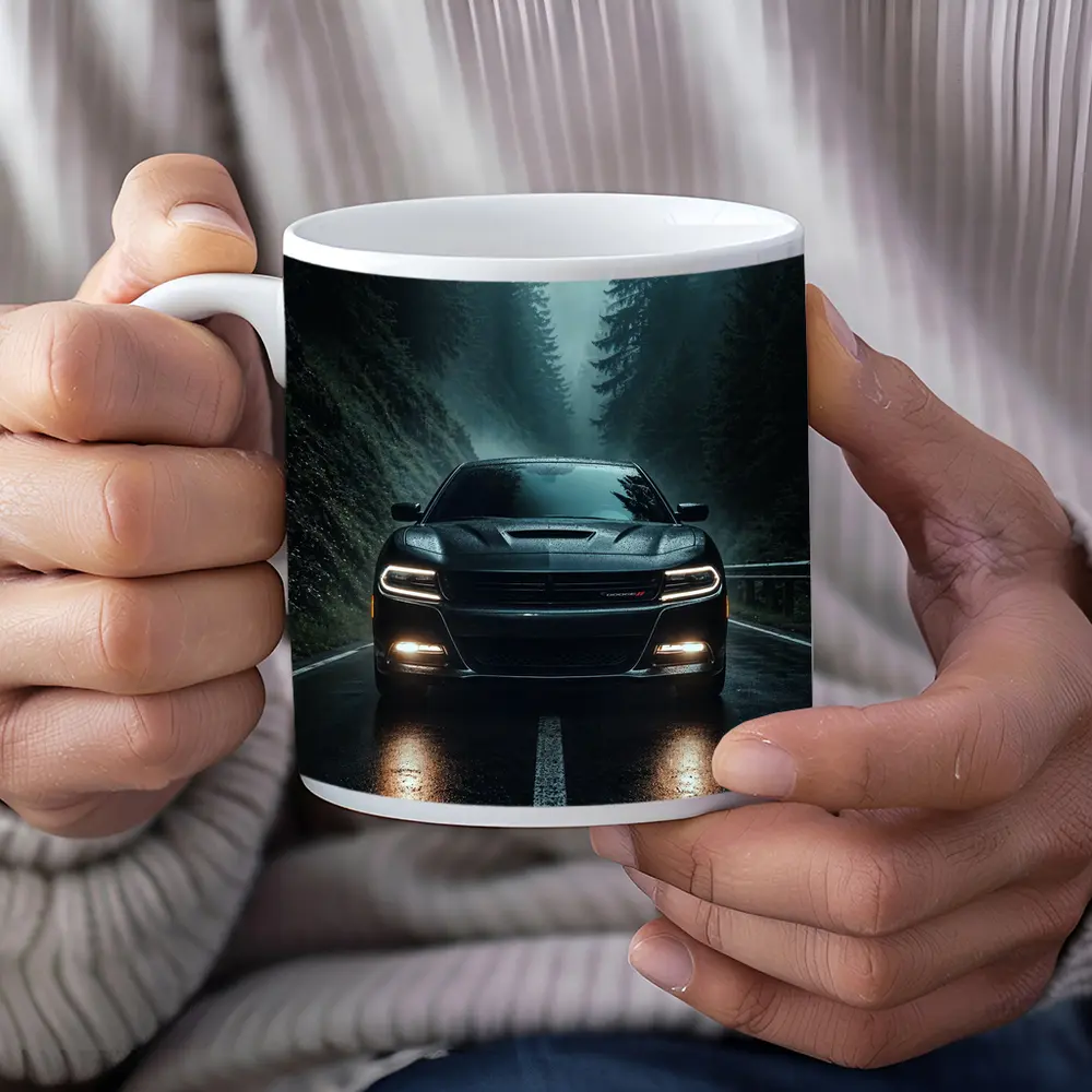 Dodge Charger Black On Rainy Forest Road – Mugs