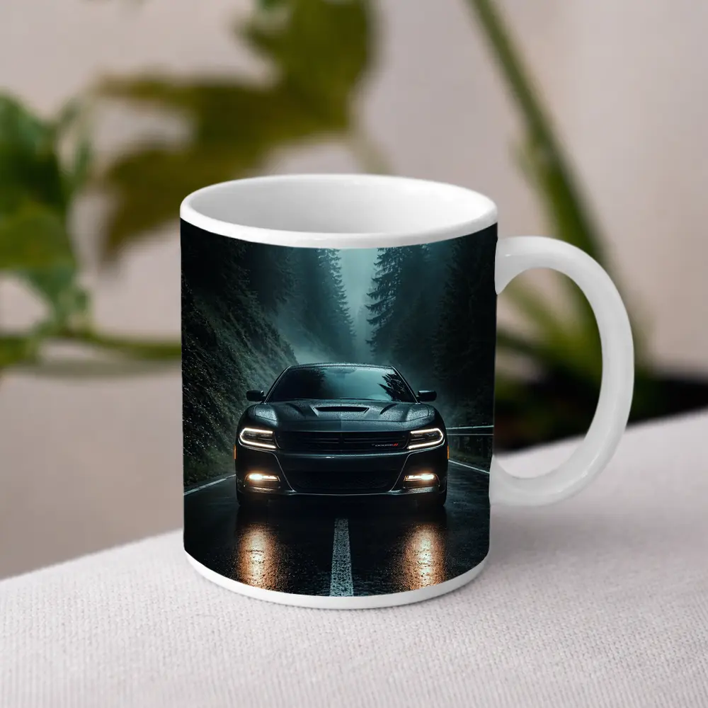 Dodge Charger Black On Rainy Forest Road – Mugs