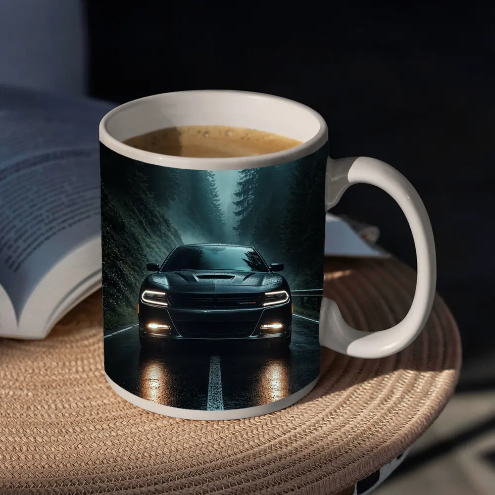 Dodge Charger Black On Rainy Forest Road – Mugs