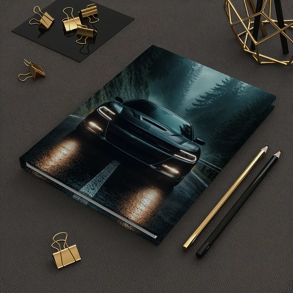 Dodge Charger Black On Rainy Forest Road – Notebooks