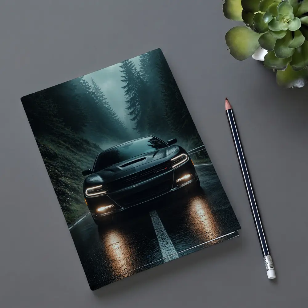 Dodge Charger Black On Rainy Forest Road – Notebooks