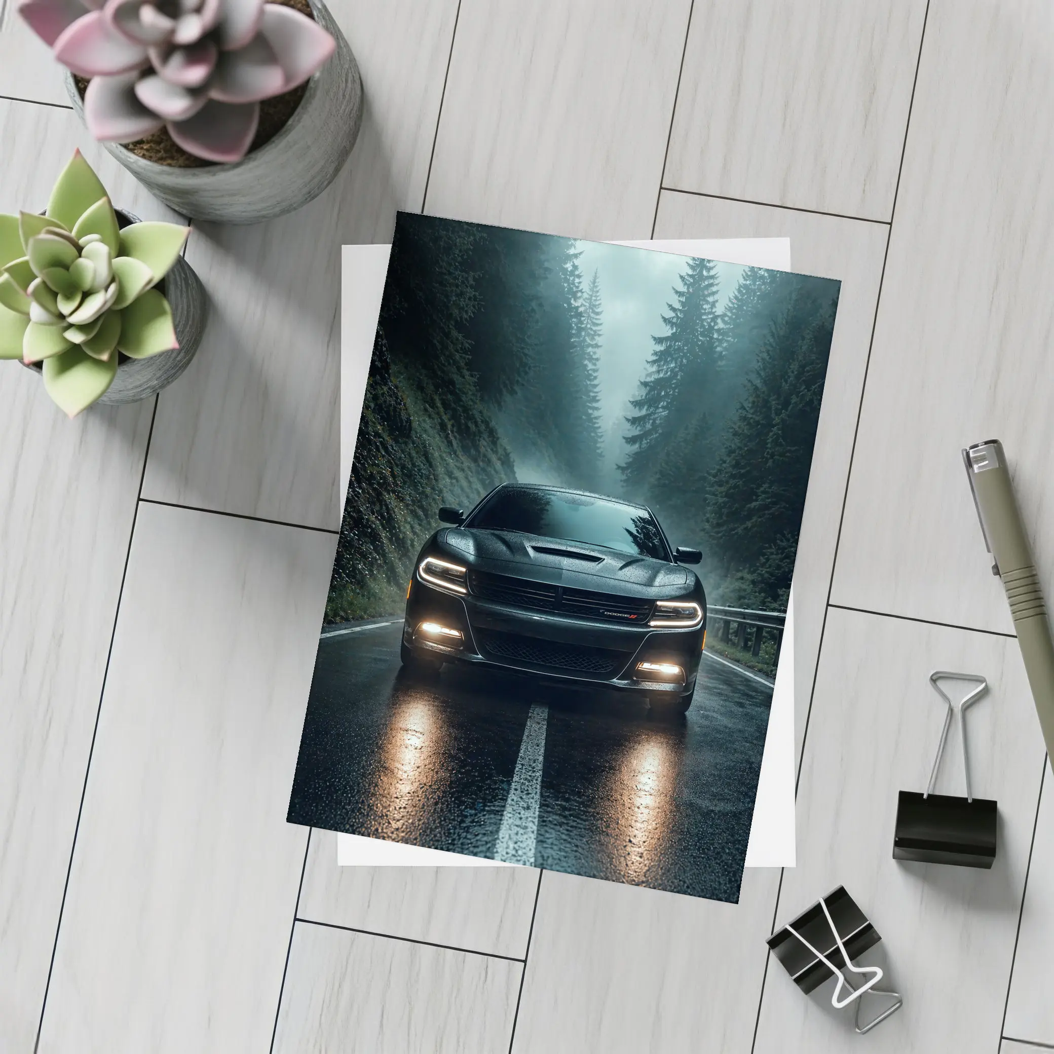 Dodge Charger Black On Rainy Forest Road – Postcards