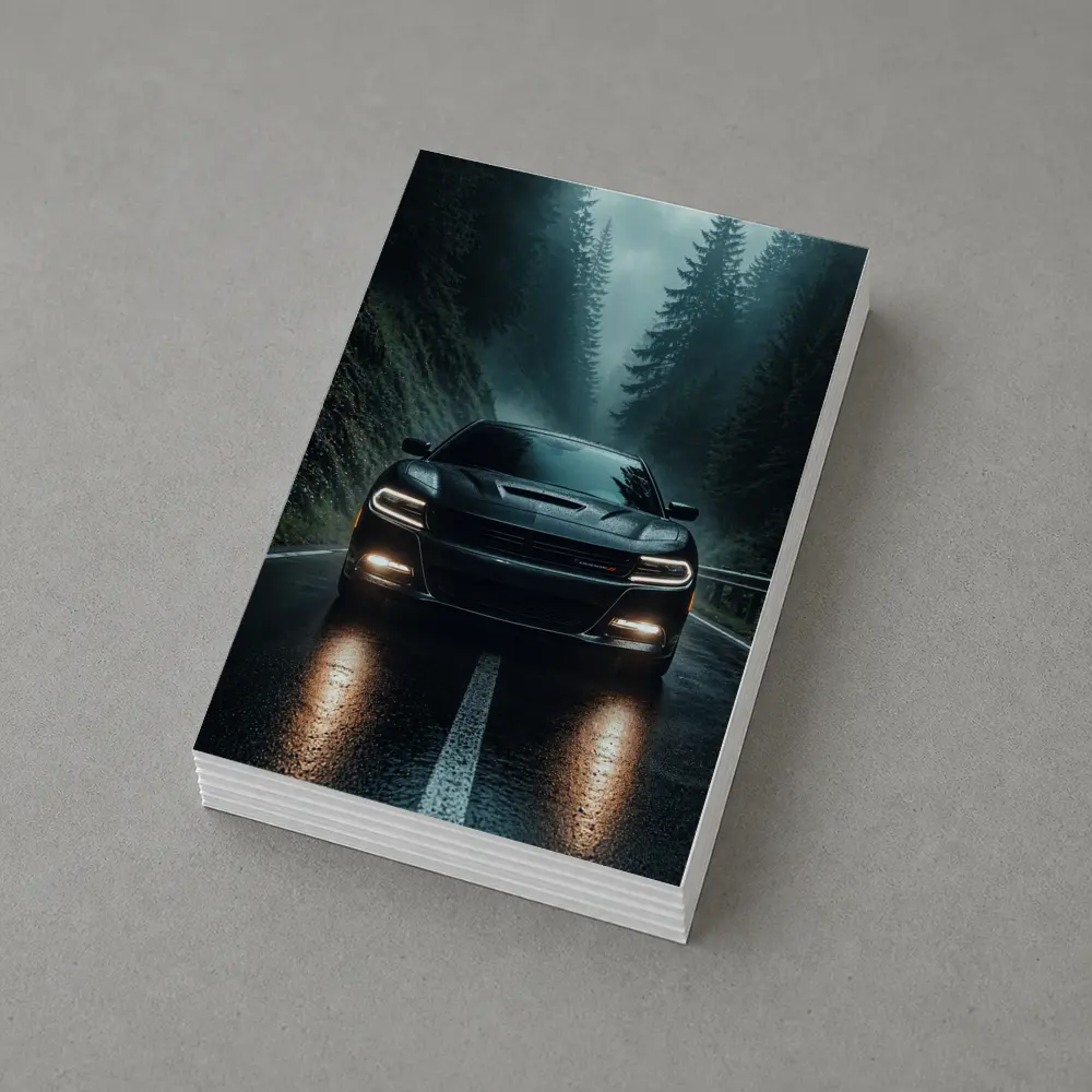 Dodge Charger Black On Rainy Forest Road – Postcards