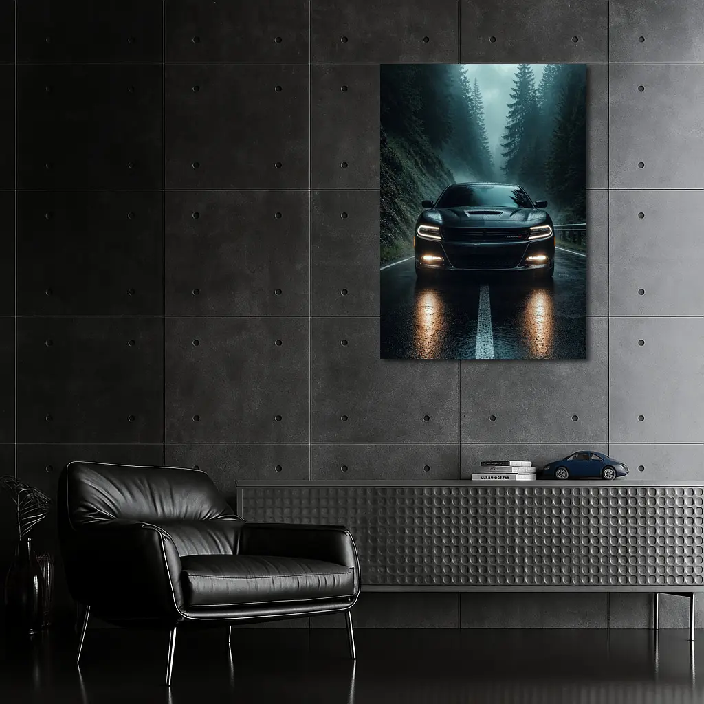 Dodge Charger Black On Rainy Forest Road – Wall Art