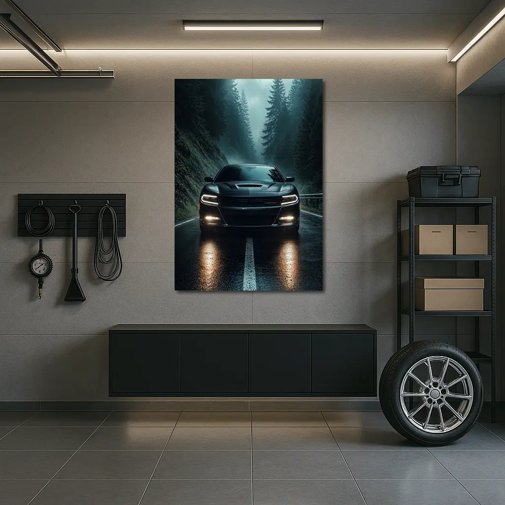 Dodge Charger Black On Rainy Forest Road – Wall Art