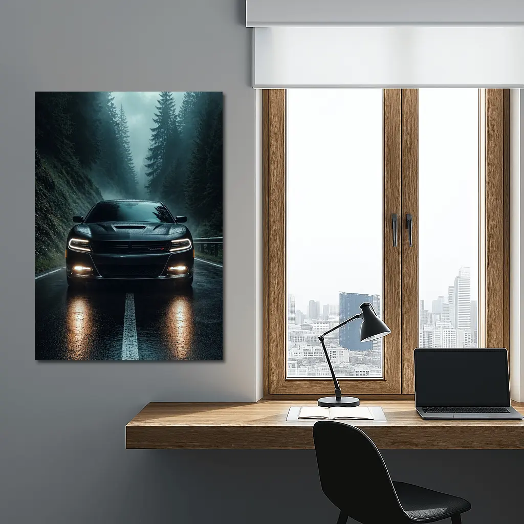 Dodge Charger Black On Rainy Forest Road – Wall Art