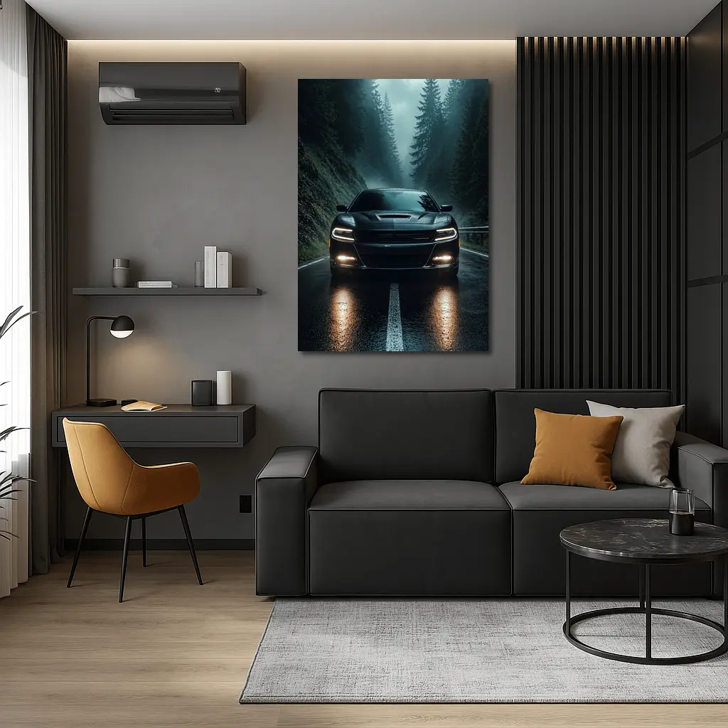 Dodge Charger Black On Rainy Forest Road – Wall Art