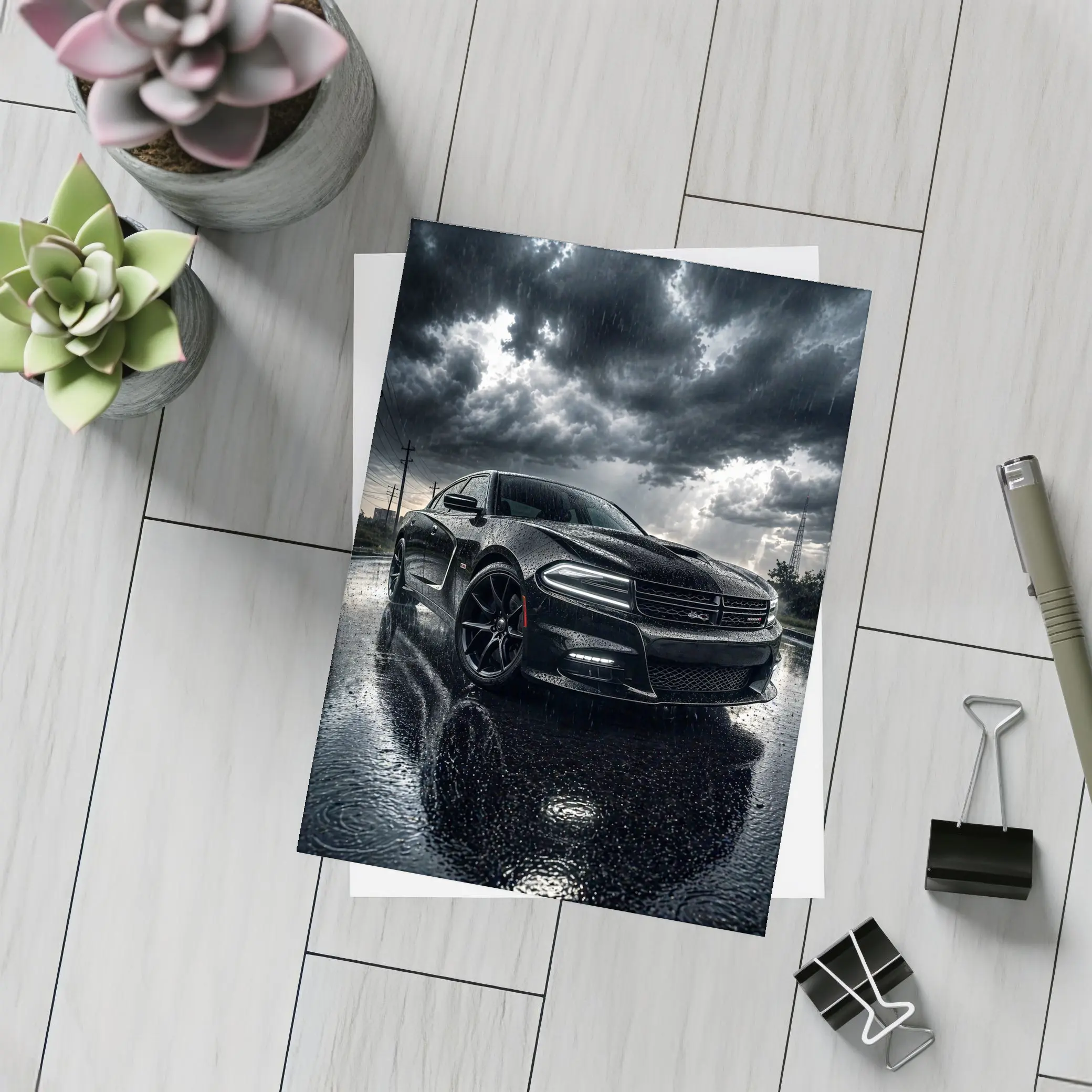 Dodge Charger Black Muscle Car Rainy Night – Postcards