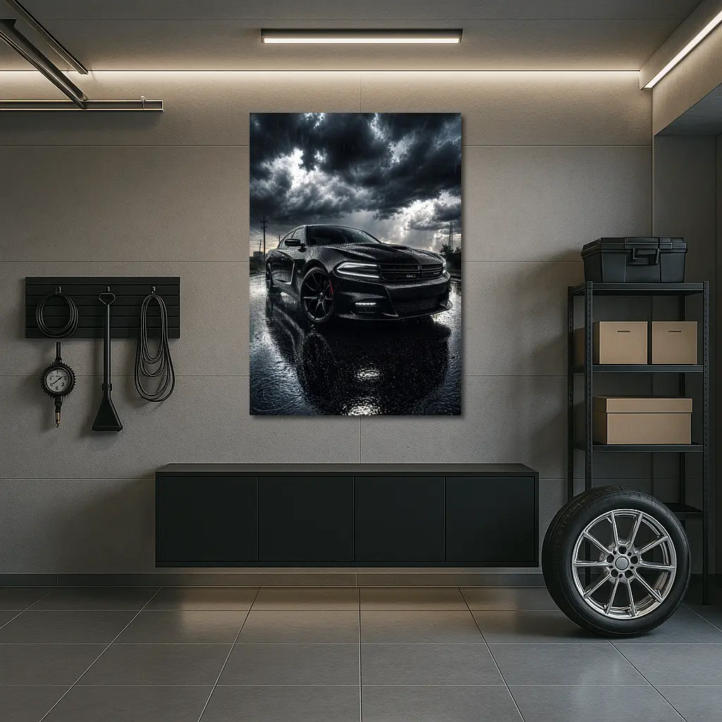 Dodge Charger Black Muscle Car Rainy Night – Wall Art