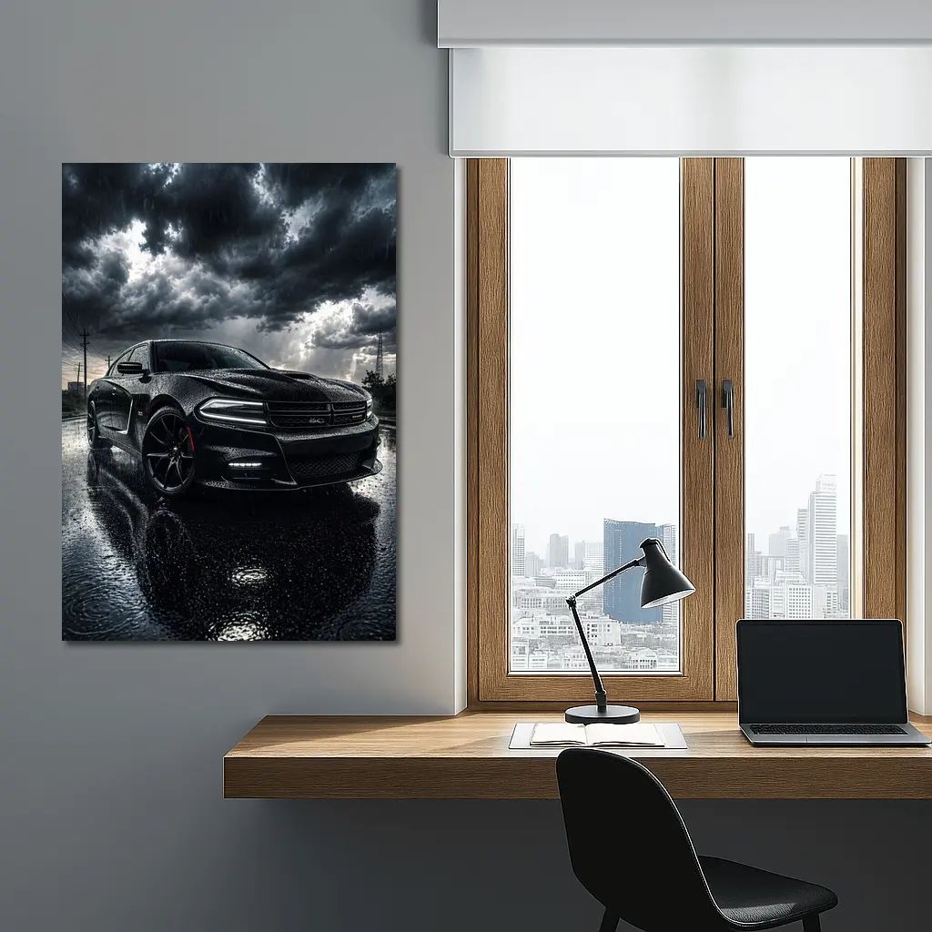 Dodge Charger Black Muscle Car Rainy Night – Wall Art