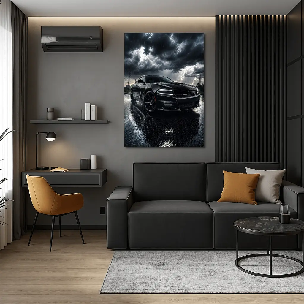 Dodge Charger Black Muscle Car Rainy Night – Wall Art