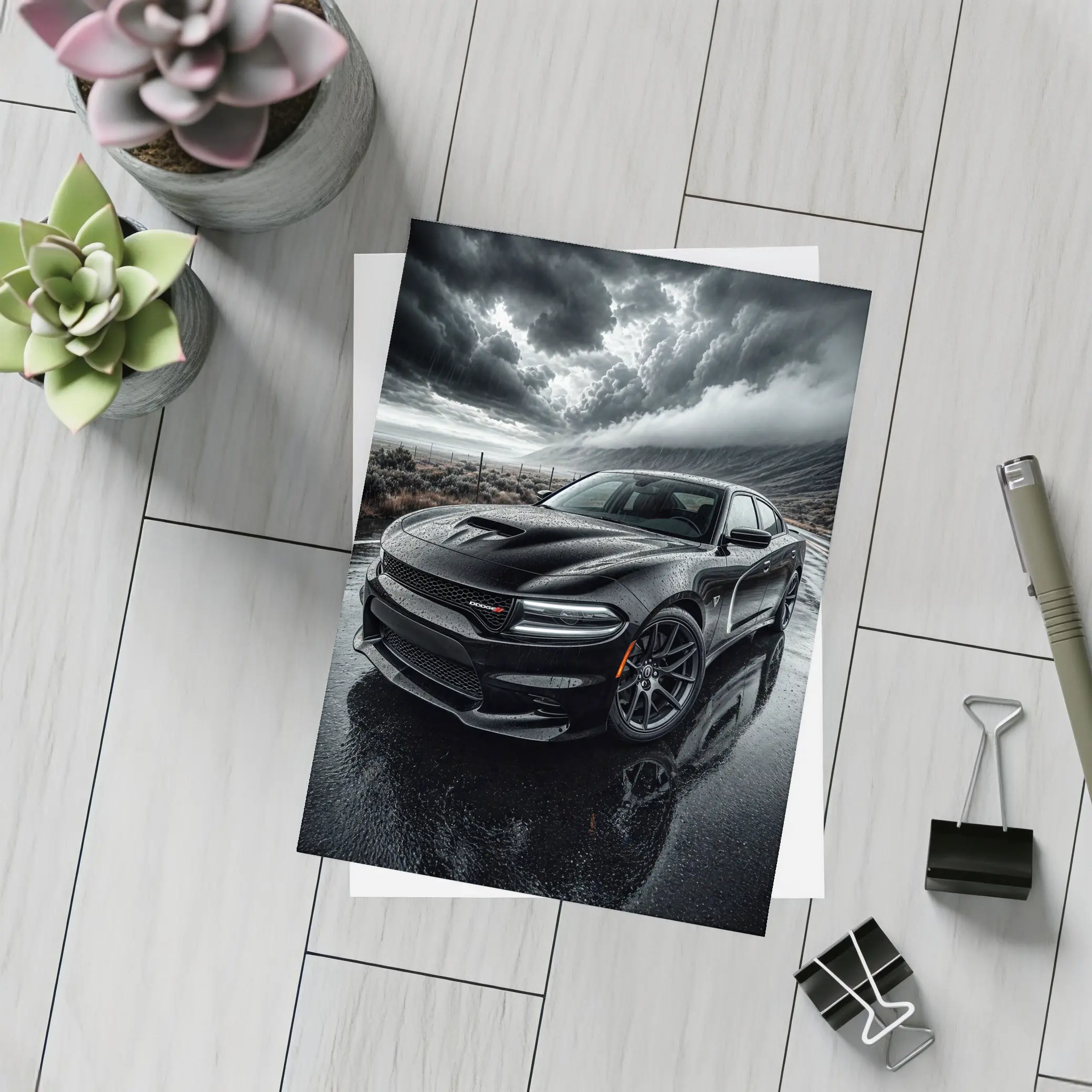 Dodge Charger Black Storm Rainy Road – Postcards