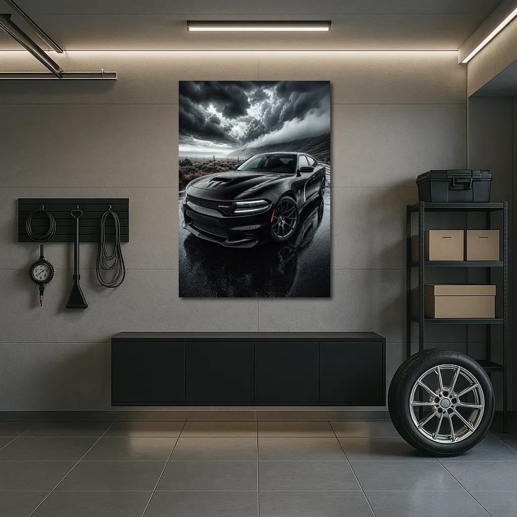 Dodge Charger Black Storm Rainy Road – Wall Art