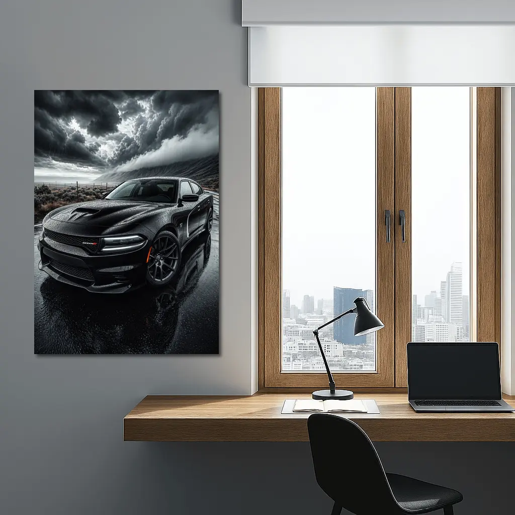 Dodge Charger Black Storm Rainy Road – Wall Art