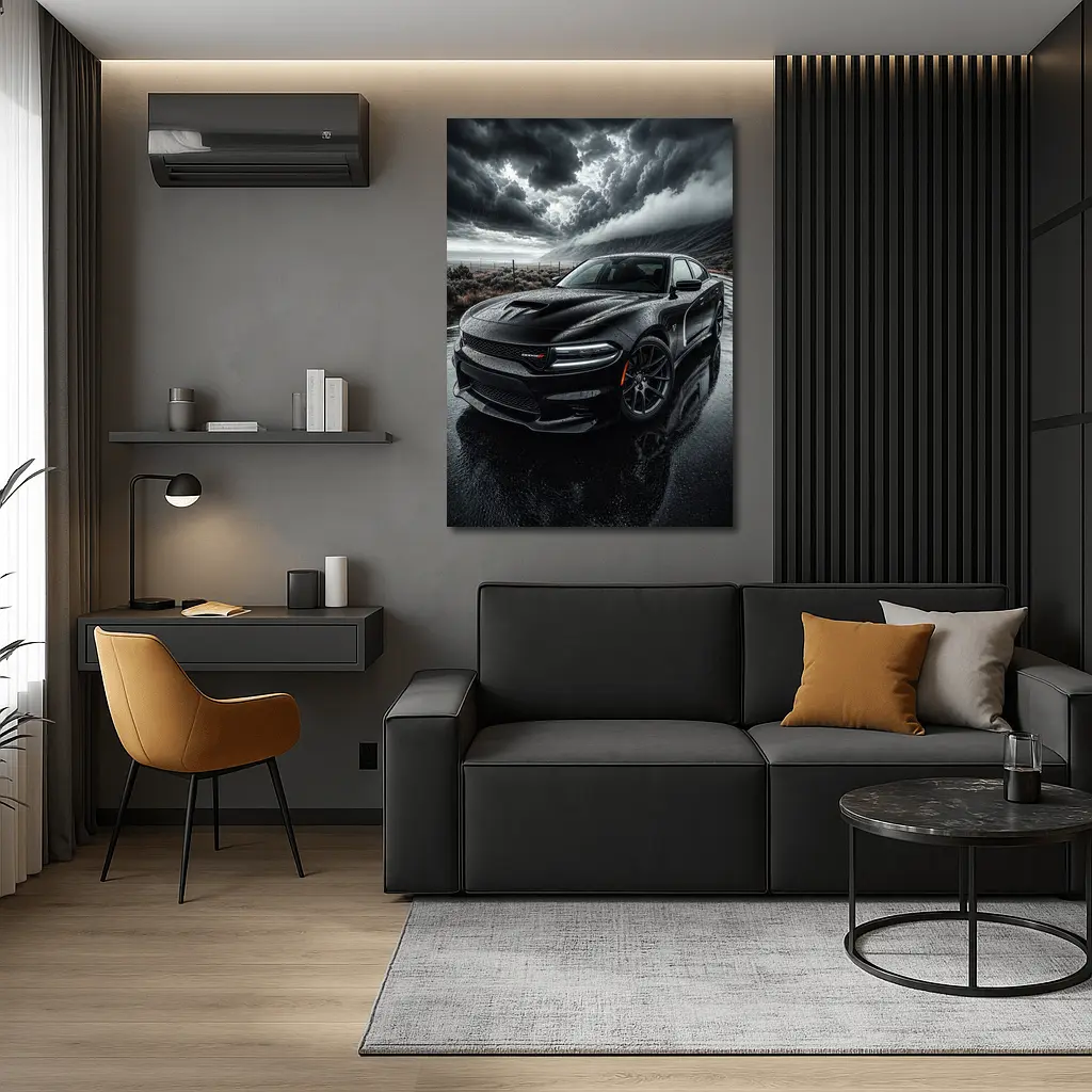 Dodge Charger Black Storm Rainy Road – Wall Art