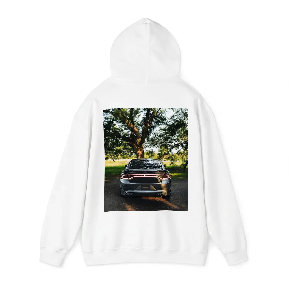 Dodge Charger Rear View Under Green Trees – Hoodies