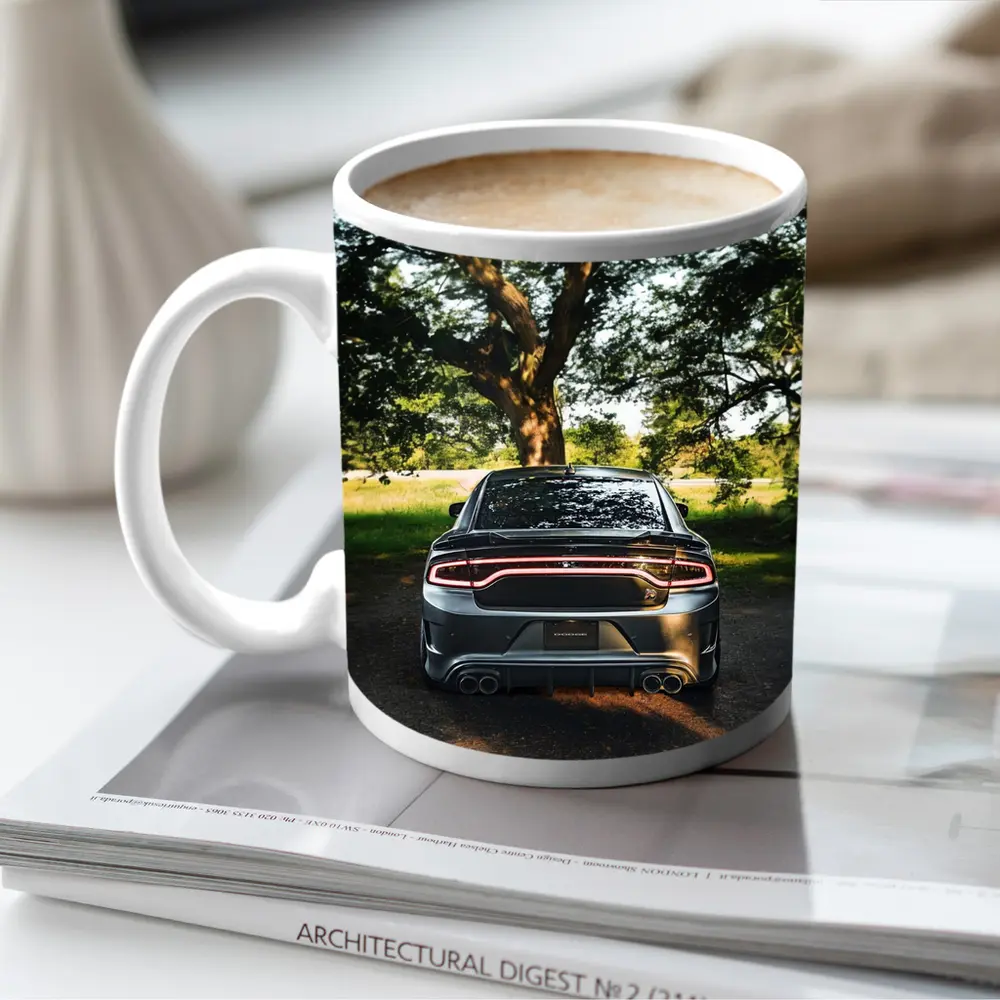 Dodge Charger Rear View Under Green Trees – Mugs