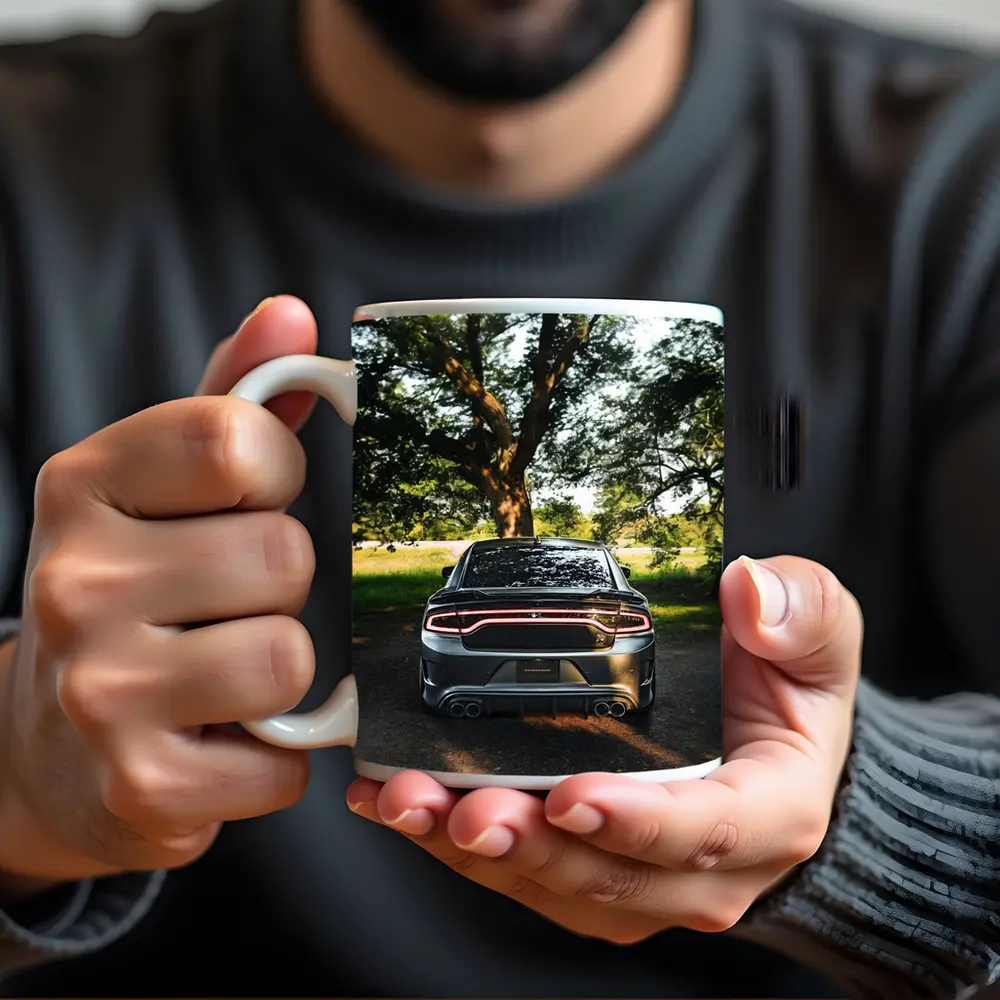 Dodge Charger Rear View Under Green Trees – Mugs