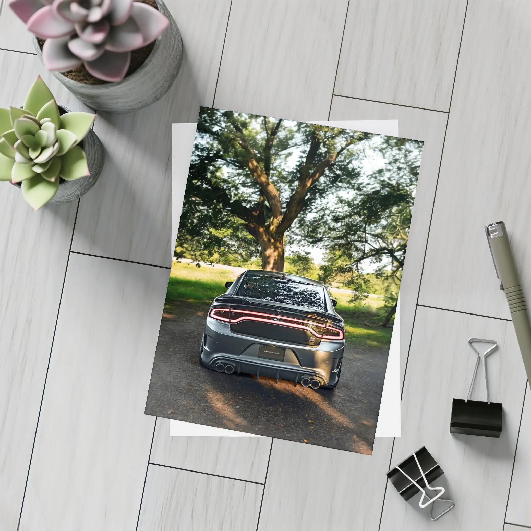 Dodge Charger Rear View Under Green Trees – Postcards