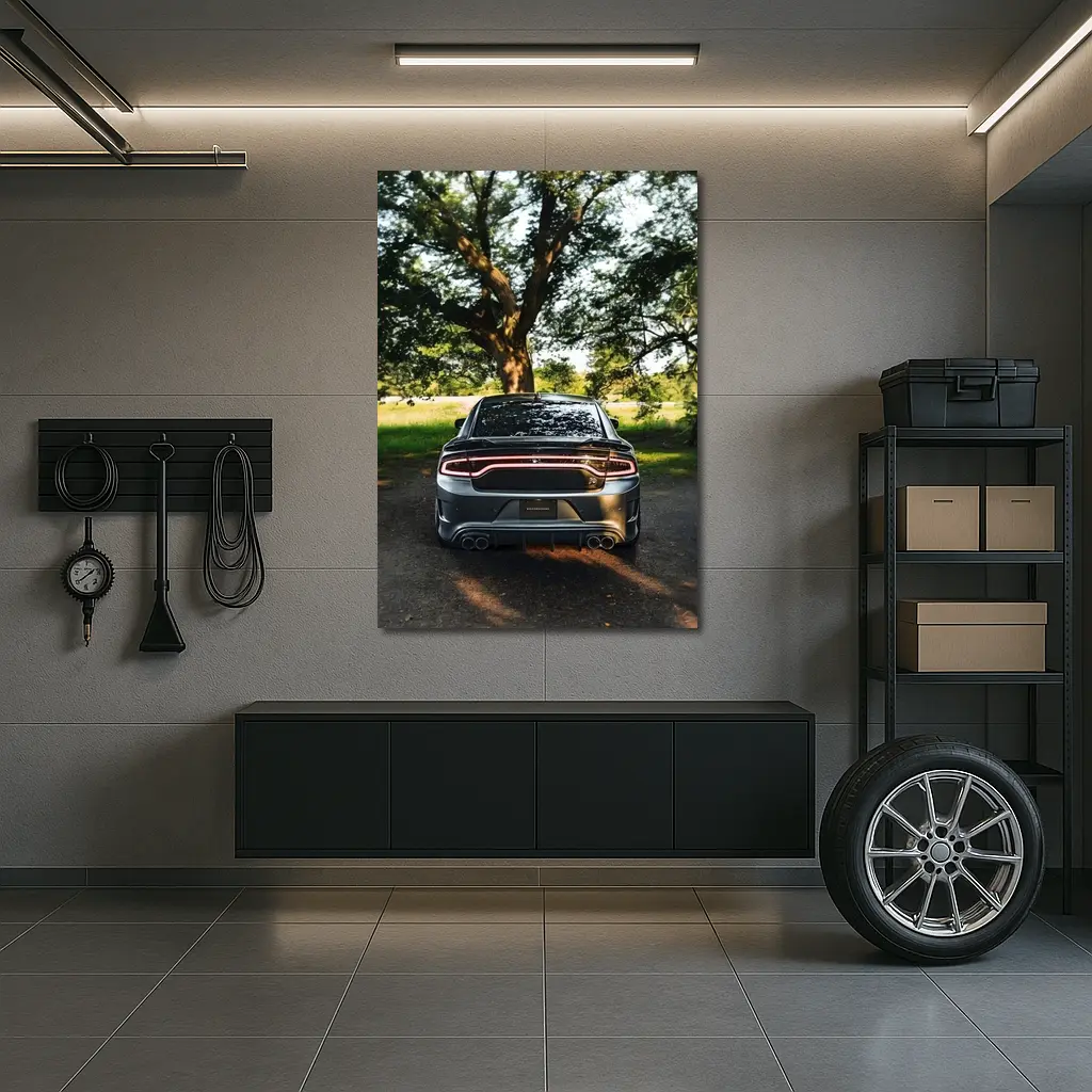 Dodge Charger Rear View Under Green Trees – Wall Art