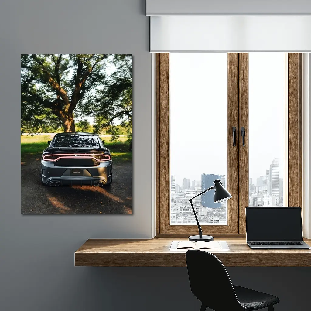 Dodge Charger Rear View Under Green Trees – Wall Art