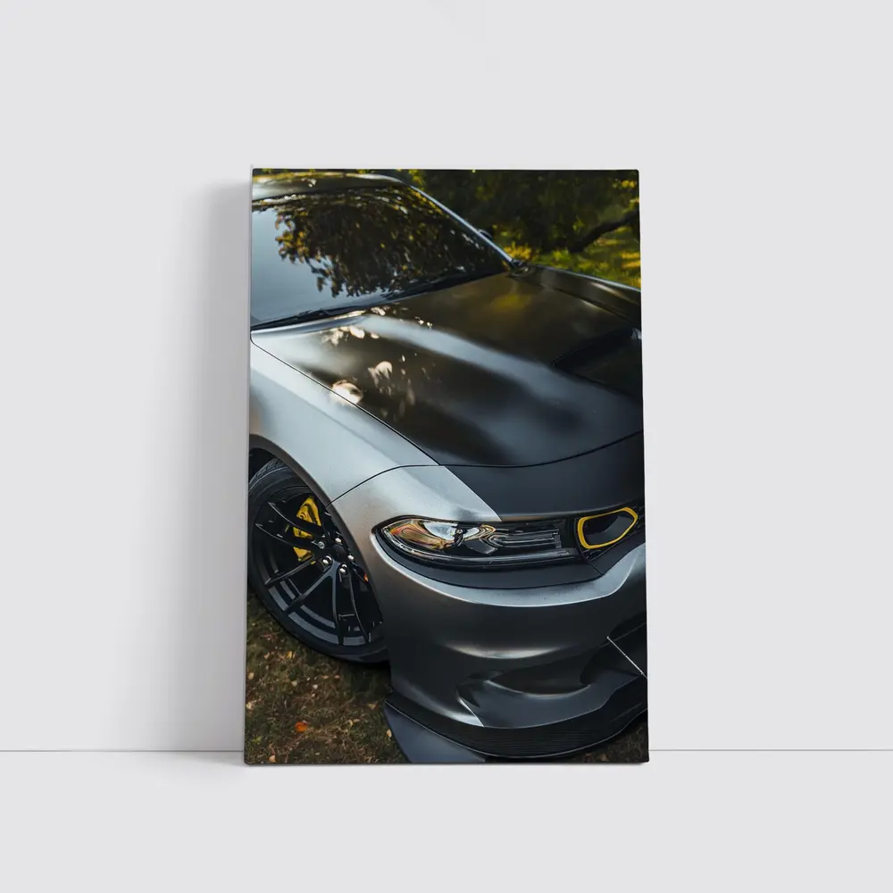 Dodge Charger Matte Gray Yellow Details Outdoors – Wall Art