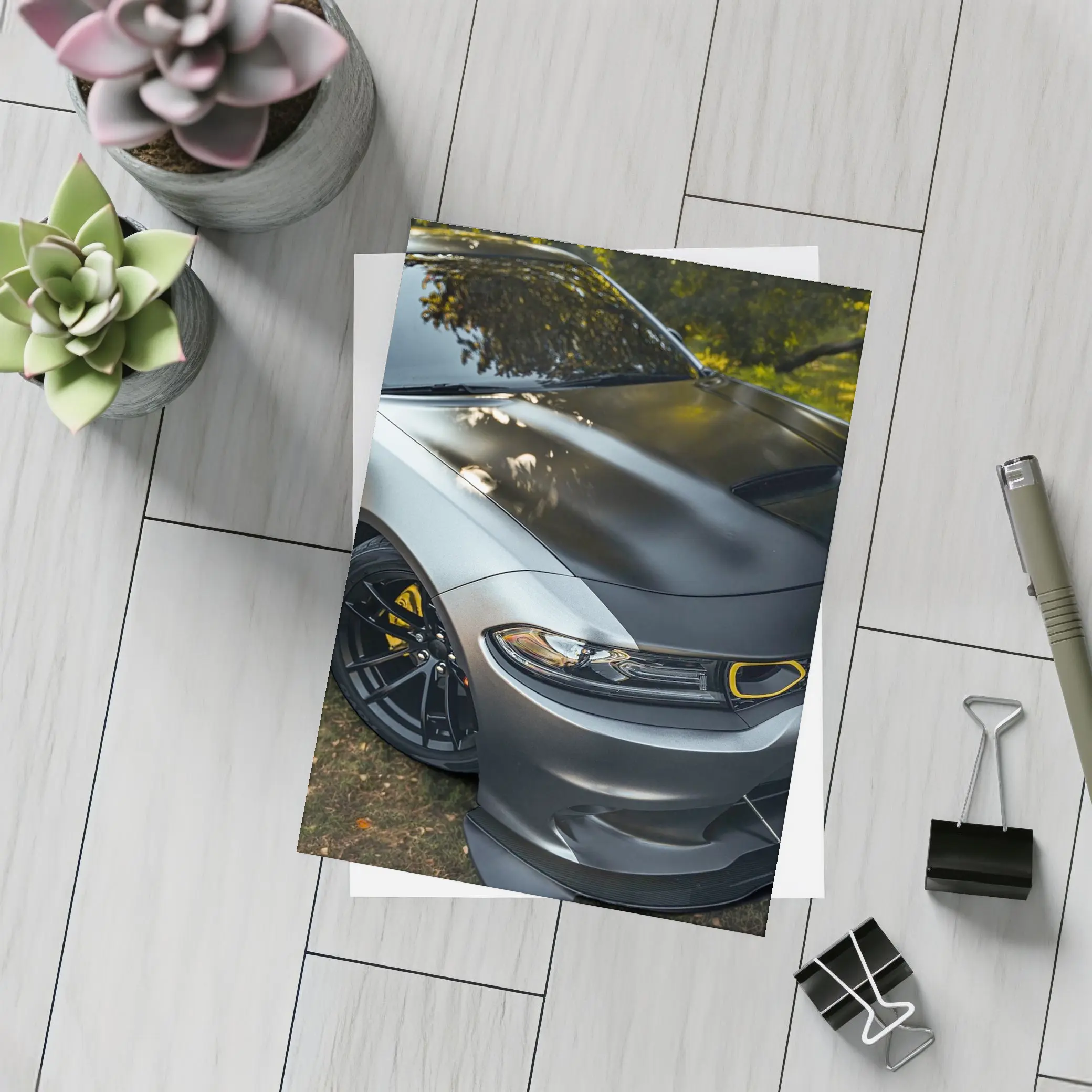 Dodge Charger Matte Gray Yellow Details Outdoors – Postcards