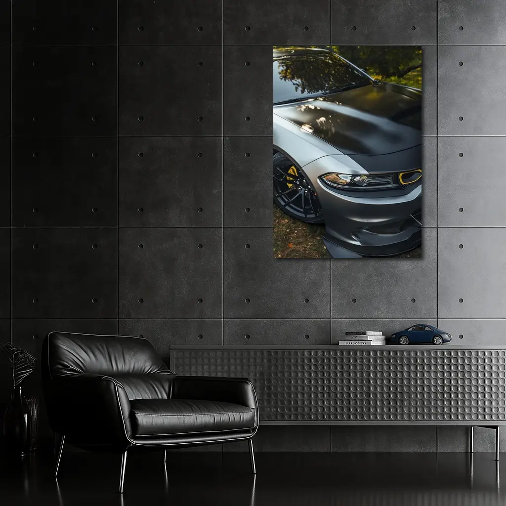 Dodge Charger Matte Gray Yellow Details Outdoors – Wall Art