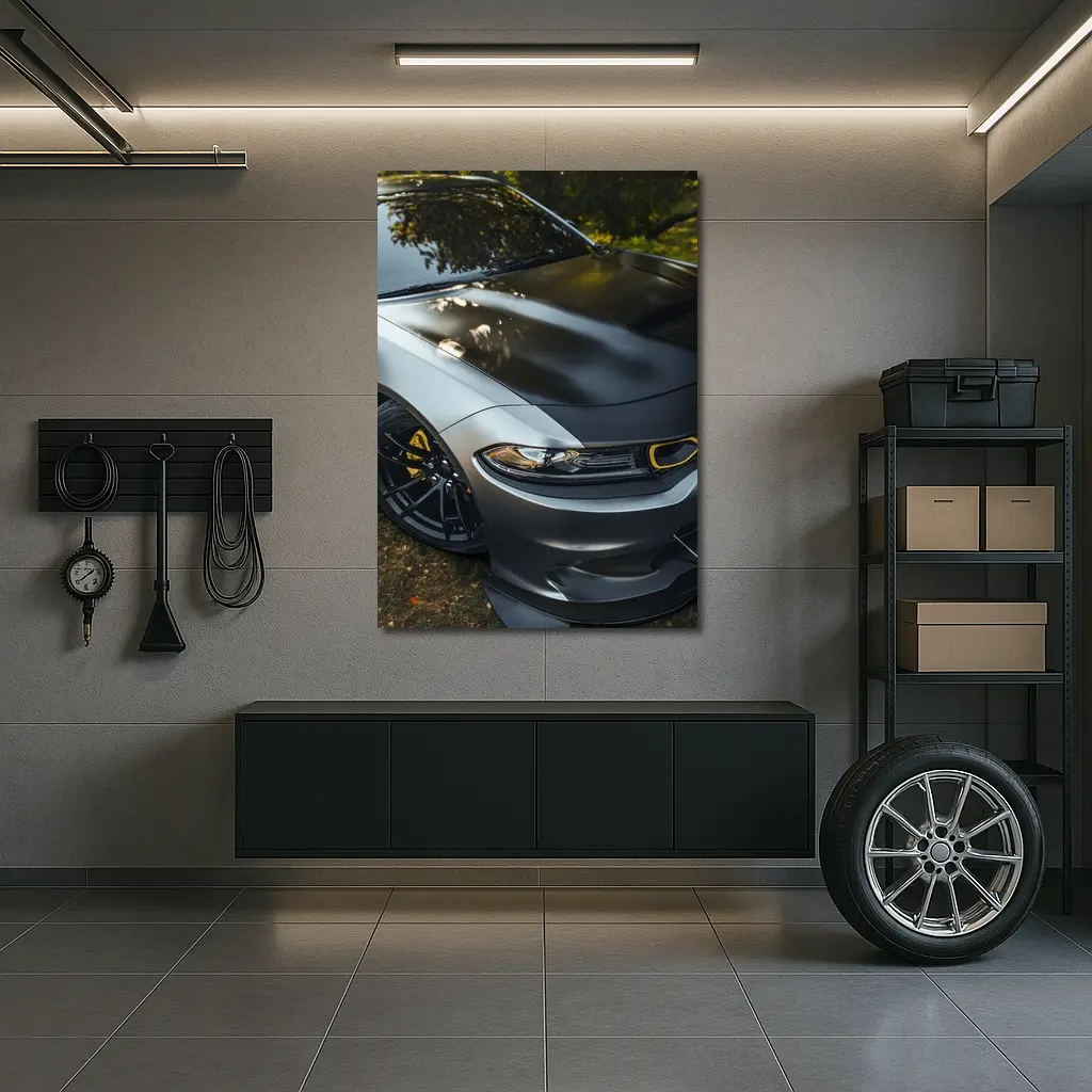 Dodge Charger Matte Gray Yellow Details Outdoors – Wall Art