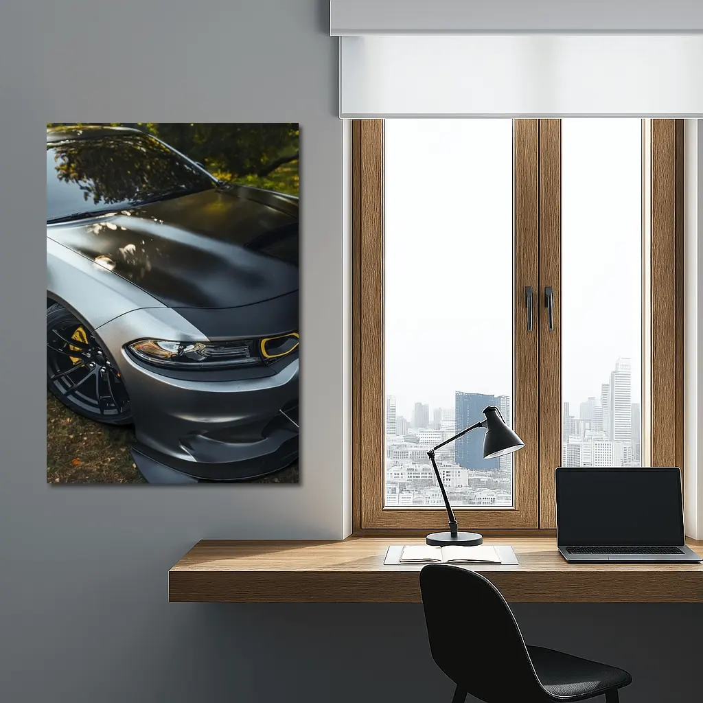 Dodge Charger Matte Gray Yellow Details Outdoors – Wall Art
