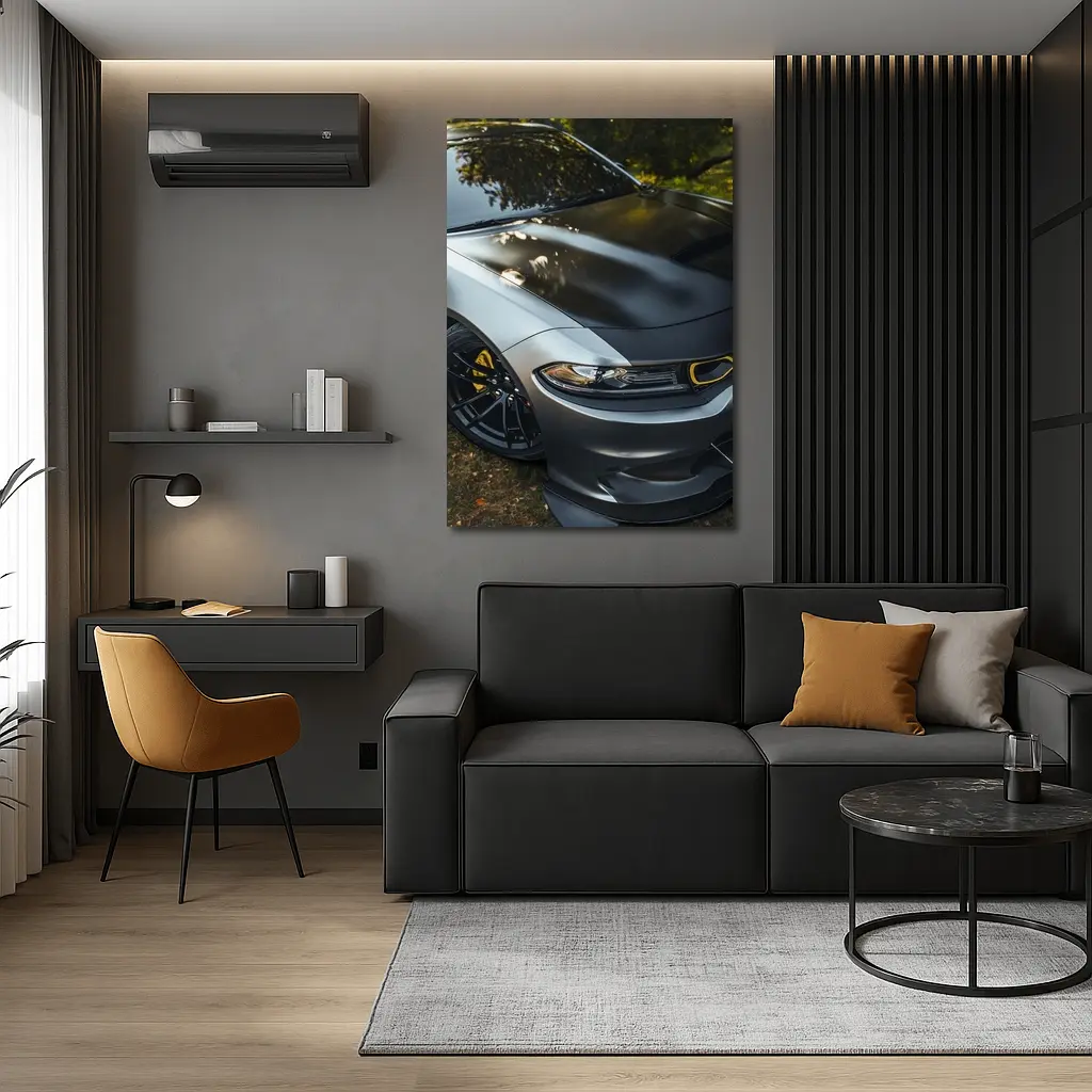 Dodge Charger Matte Gray Yellow Details Outdoors – Wall Art