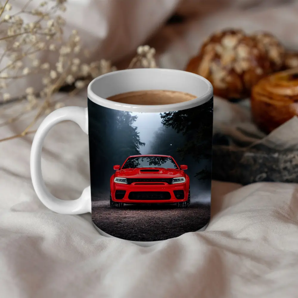 Dodge Charger Red Muscle Car Foggy Forest – Mugs