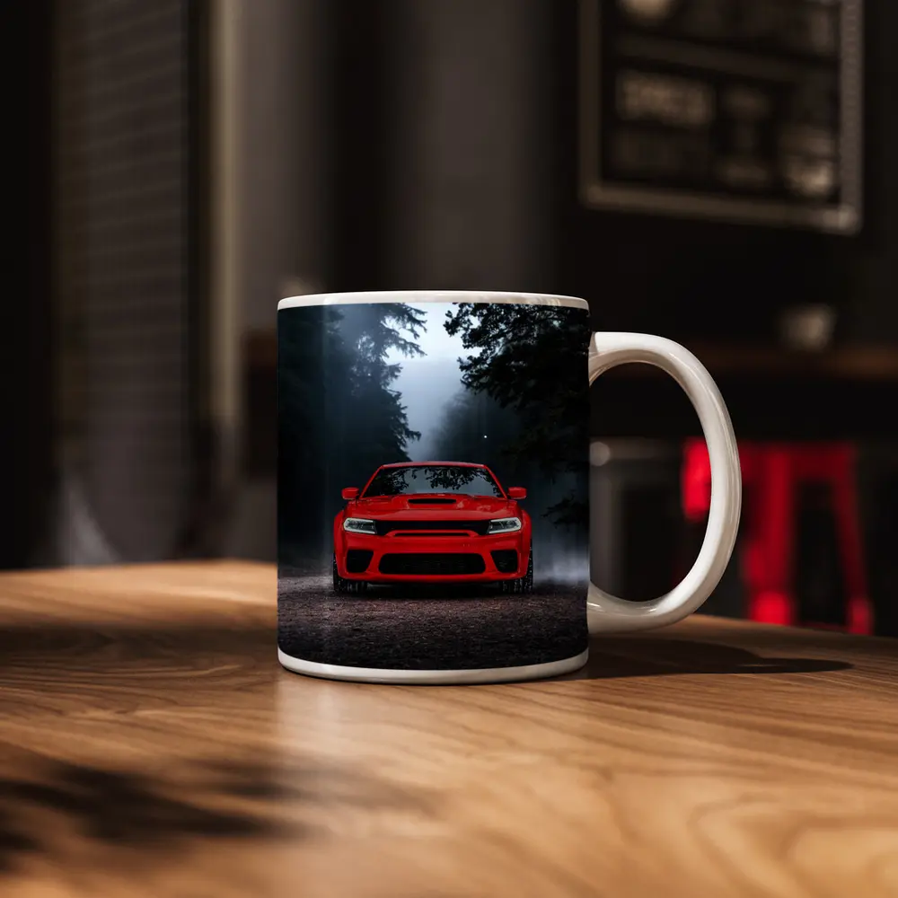 Dodge Charger Red Muscle Car Foggy Forest – Mugs