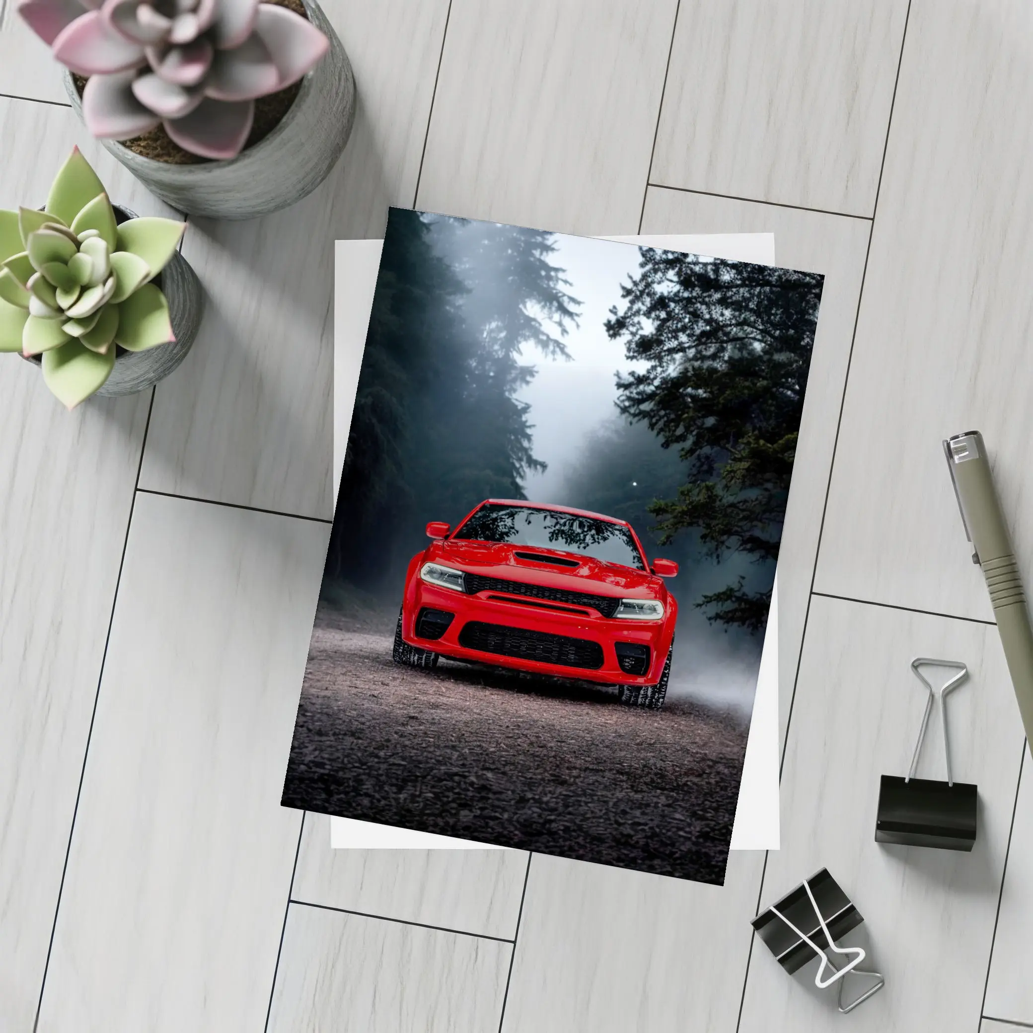Dodge Charger Red Muscle Car Foggy Forest – Postcards