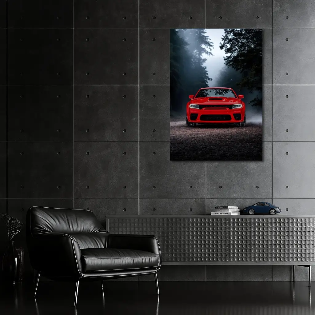 Dodge Charger Red Muscle Car Foggy Forest – Wall Art
