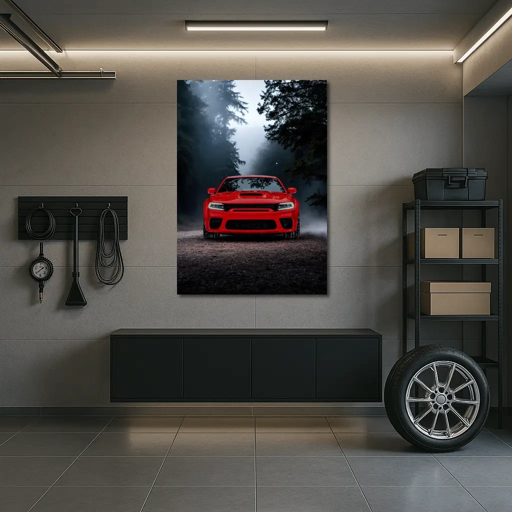 Dodge Charger Red Muscle Car Foggy Forest – Wall Art