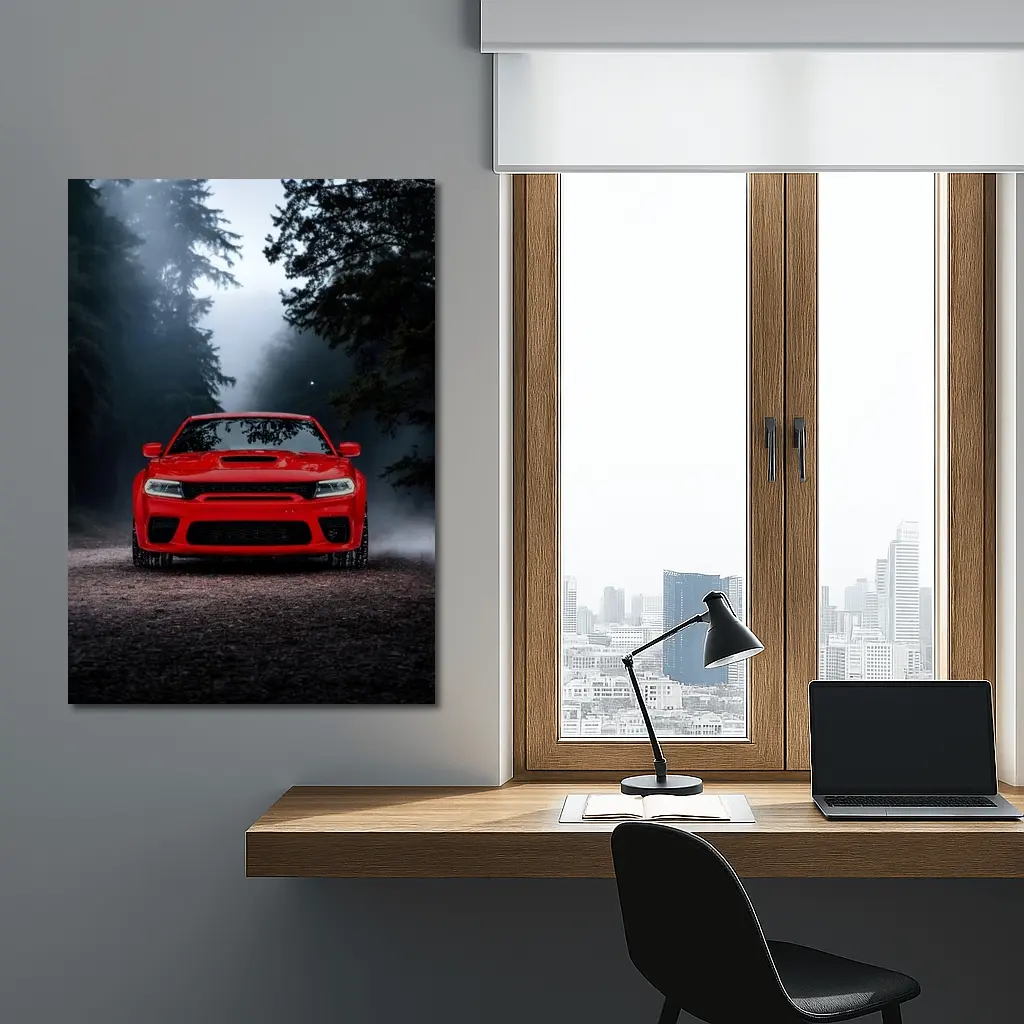 Dodge Charger Red Muscle Car Foggy Forest – Wall Art