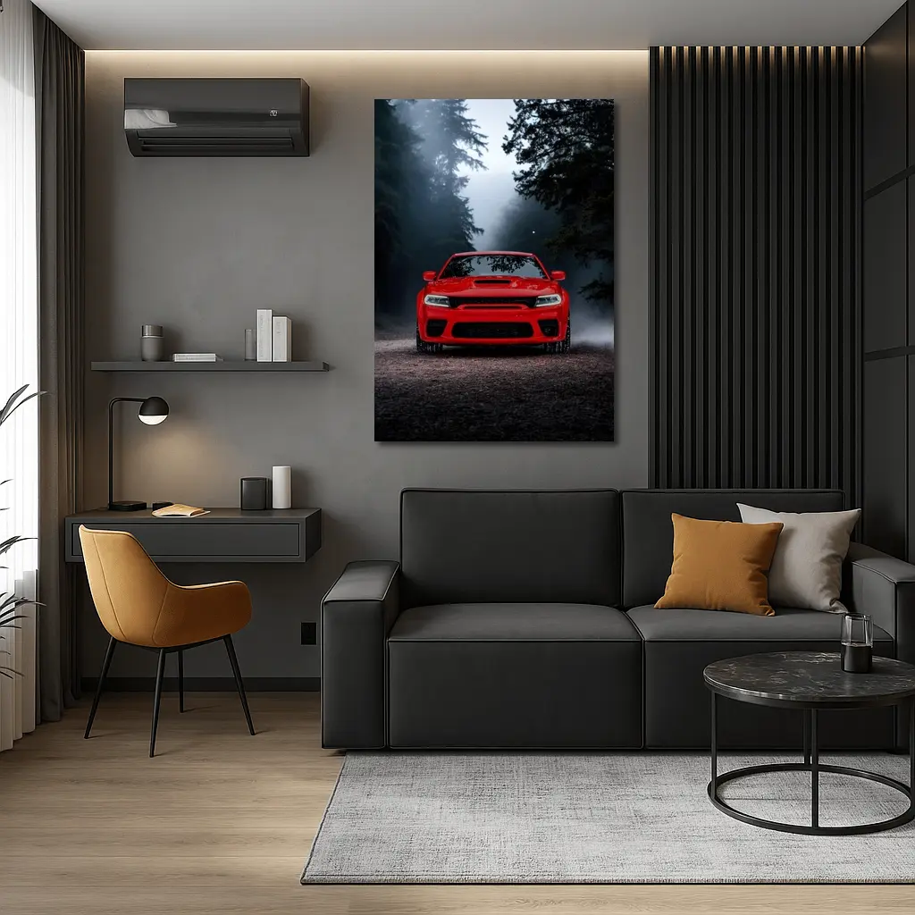 Dodge Charger Red Muscle Car Foggy Forest – Wall Art