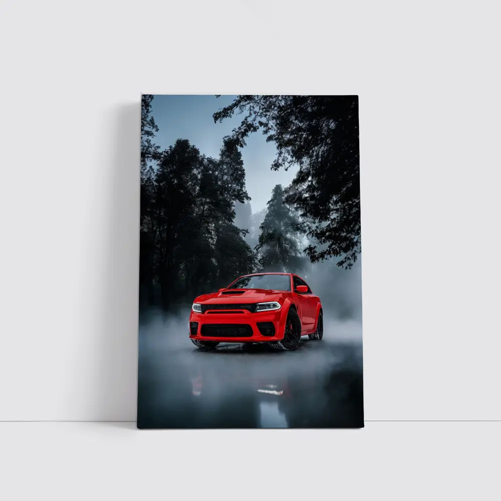 Dodge Charger Red Muscle Car Foggy Forest – Wall Art