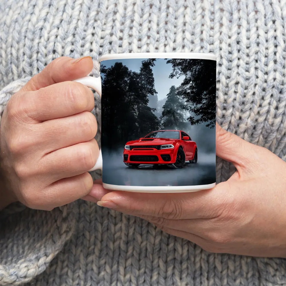 Dodge Charger Red Muscle Car Foggy Forest – Mugs