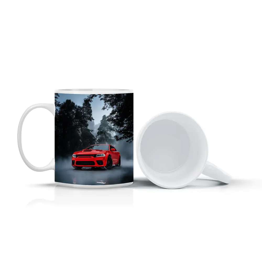 Dodge Charger Red Muscle Car Foggy Forest – Mugs